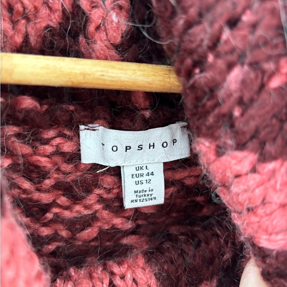 Topshop Houndstooth Cowl Neck Sweater Pink Burgundy Women’s Large Puff Sleeves - Picture 3 of 12